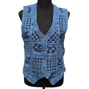 Life Style Vintage Open Lattice Blue Denim 100% Cotton Button Up Vest Size S